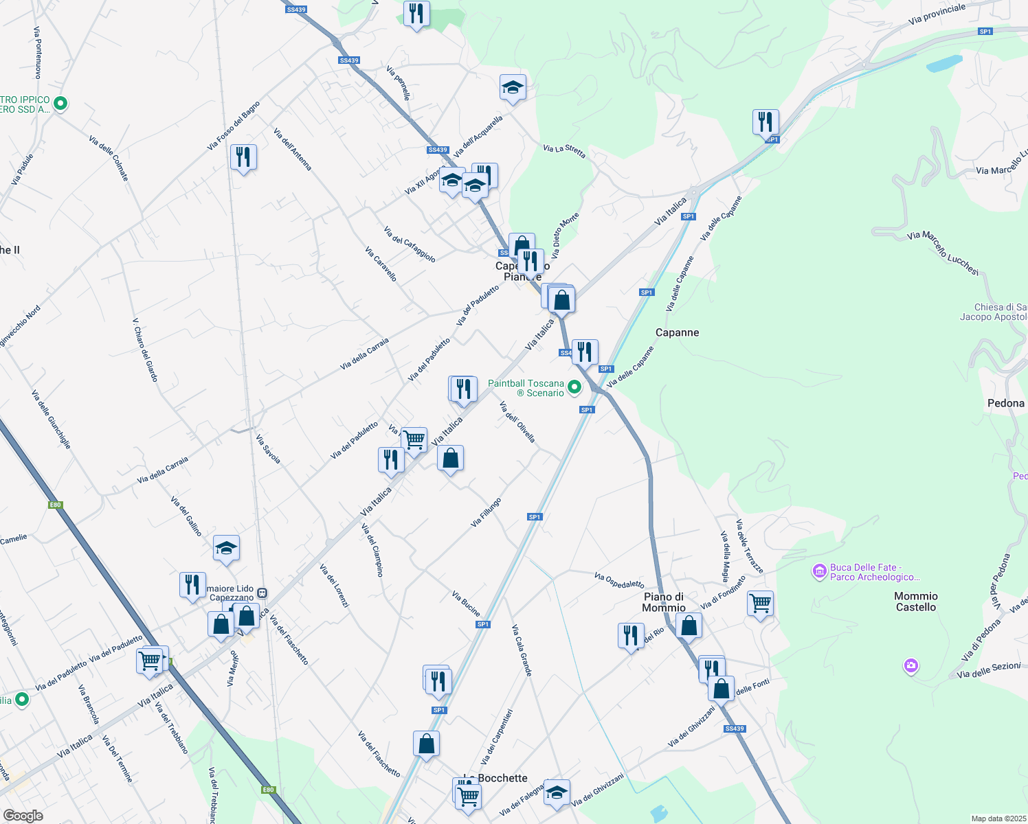map of restaurants, bars, coffee shops, grocery stores, and more near 7 Via dell' Olivella in Camaiore