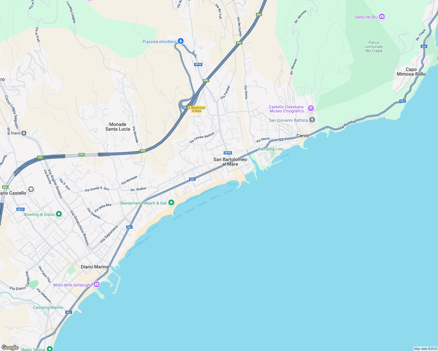 map of restaurants, bars, coffee shops, grocery stores, and more near Lungomare delle Nazioni in San Bartolomeo Al Mare