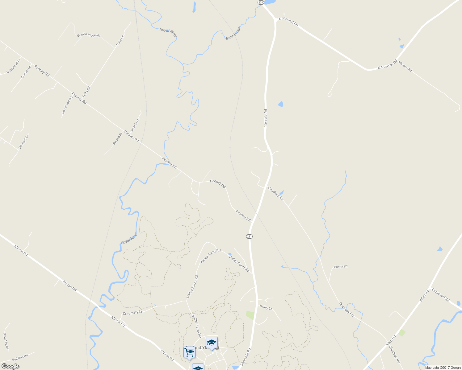 map of restaurants, bars, coffee shops, grocery stores, and more near 584 Penney Road in New Gloucester