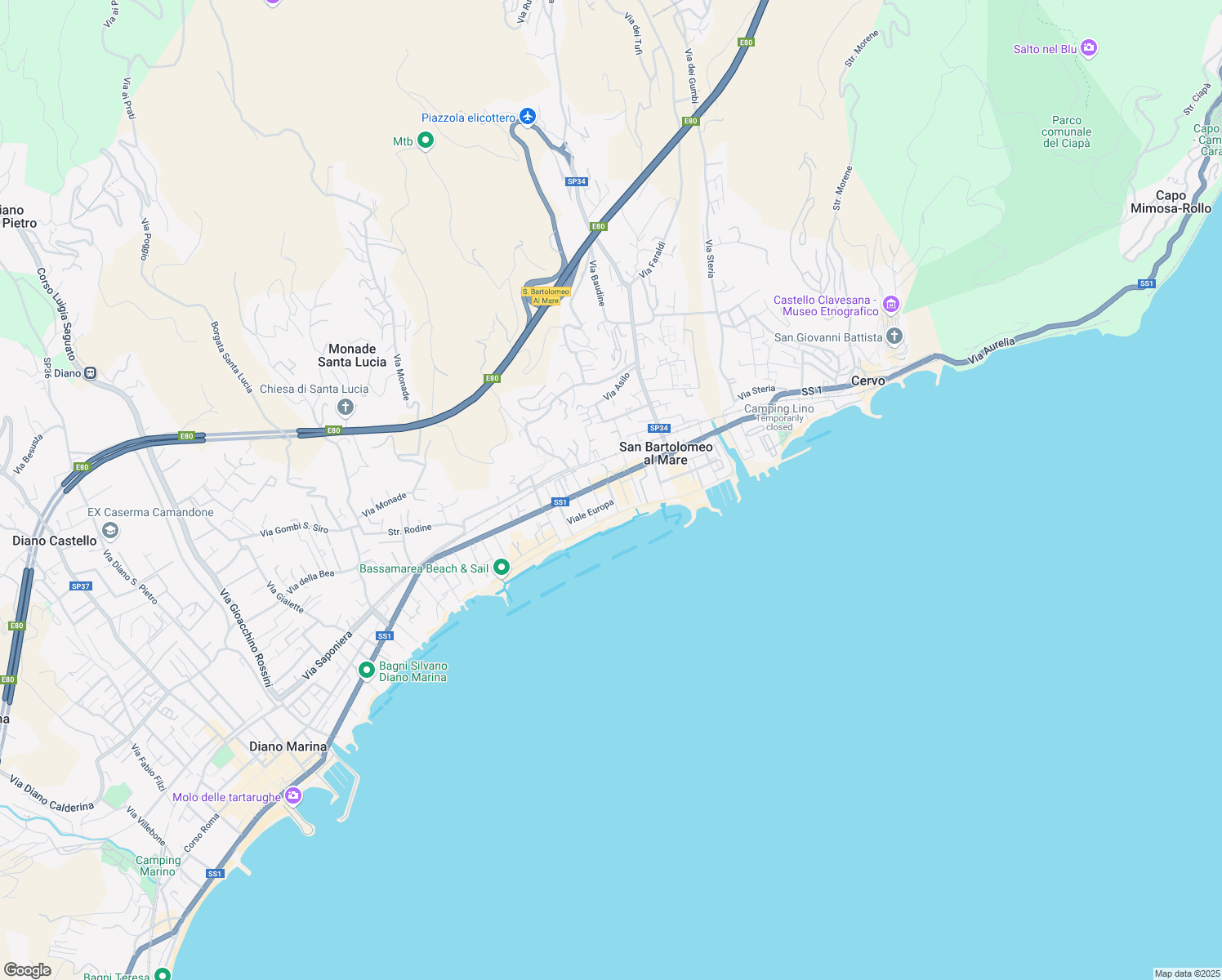 map of restaurants, bars, coffee shops, grocery stores, and more near 7 Viale Europa in San Bartolomeo Al Mare