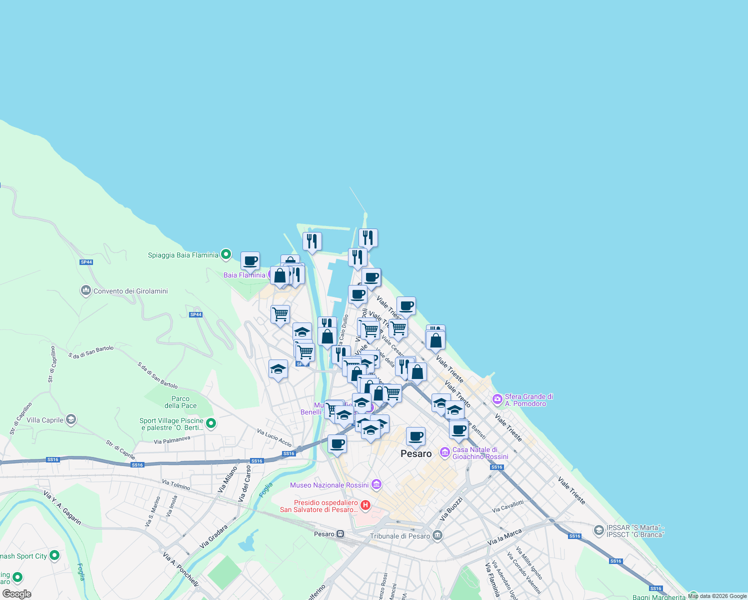 map of restaurants, bars, coffee shops, grocery stores, and more near 40 Viale Napoli in Pesaro