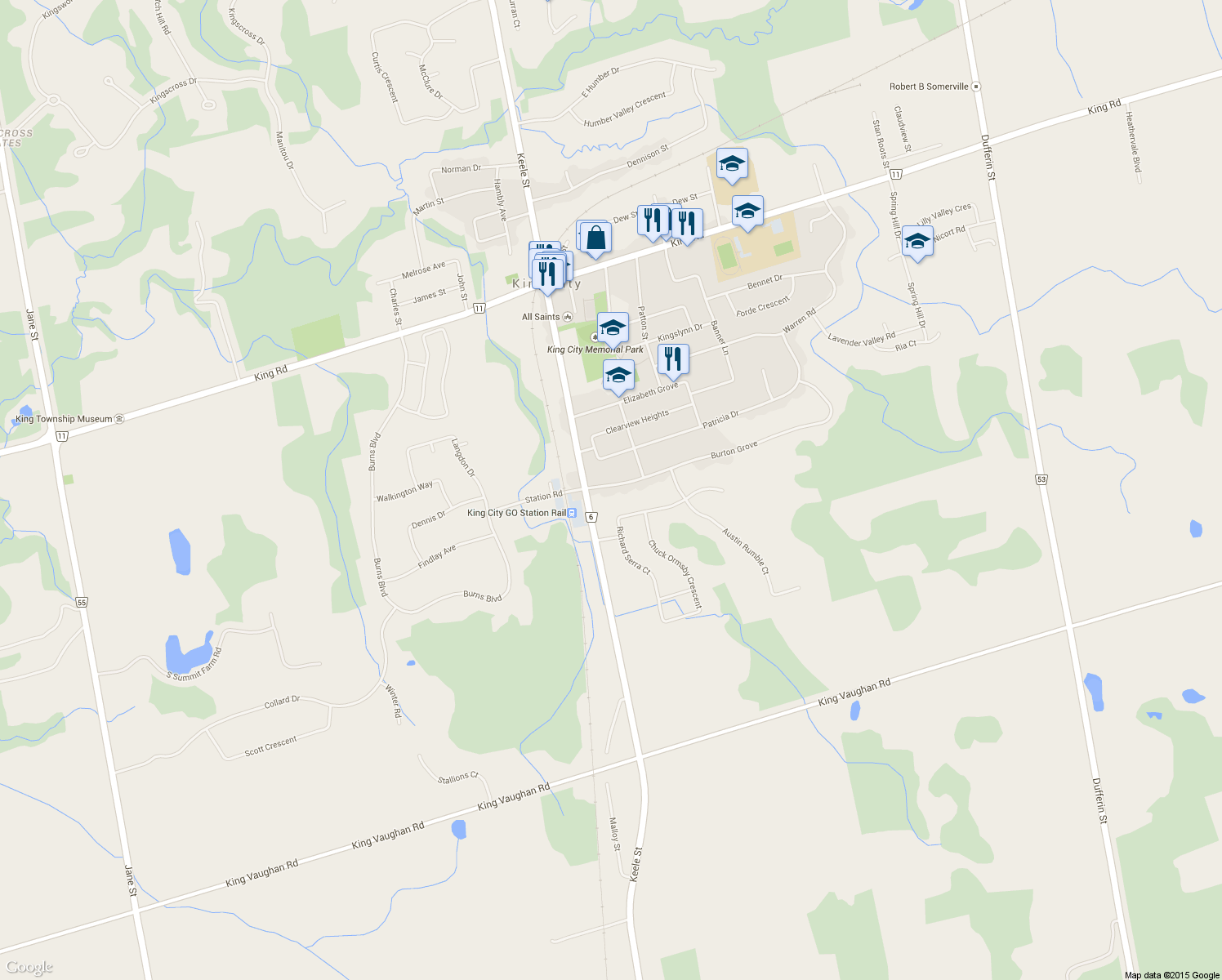 map of restaurants, bars, coffee shops, grocery stores, and more near 221 Burton Grove in King City