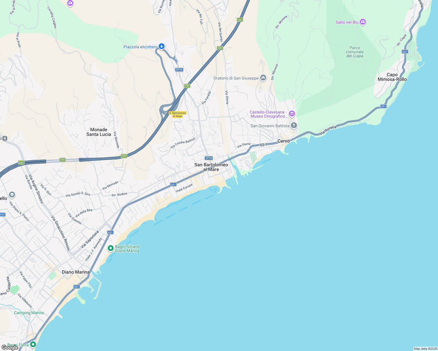 map of restaurants, bars, coffee shops, grocery stores, and more near 13 Piazza Andrea Doria in San Bartolomeo Al Mare