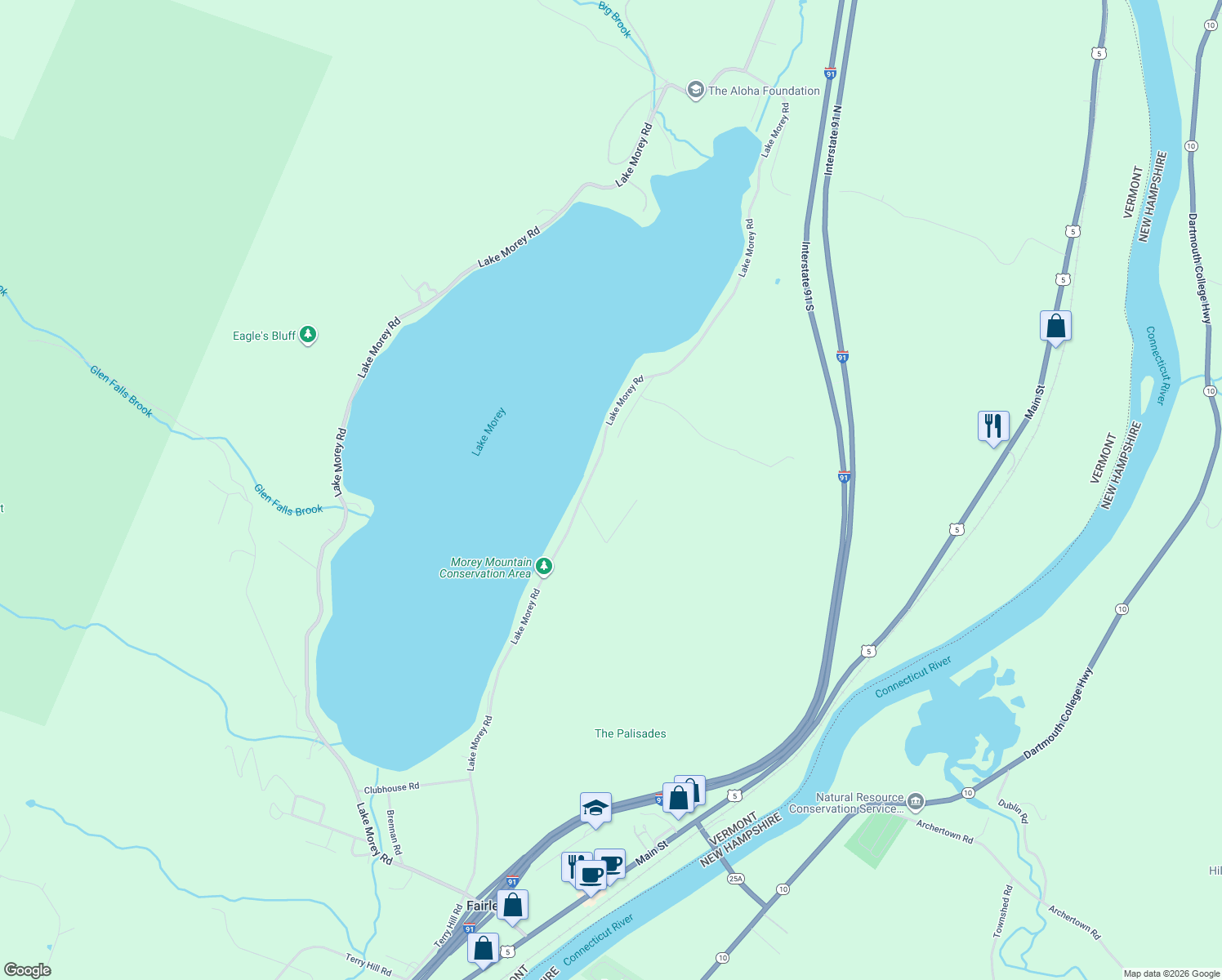 map of restaurants, bars, coffee shops, grocery stores, and more near 4421 Lake Morey Road in Fairlee