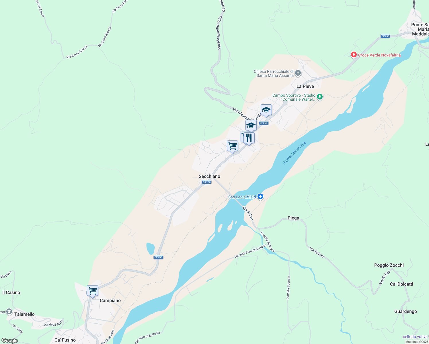 map of restaurants, bars, coffee shops, grocery stores, and more near 90 Strada Provinciale Marecchia in Secchiano