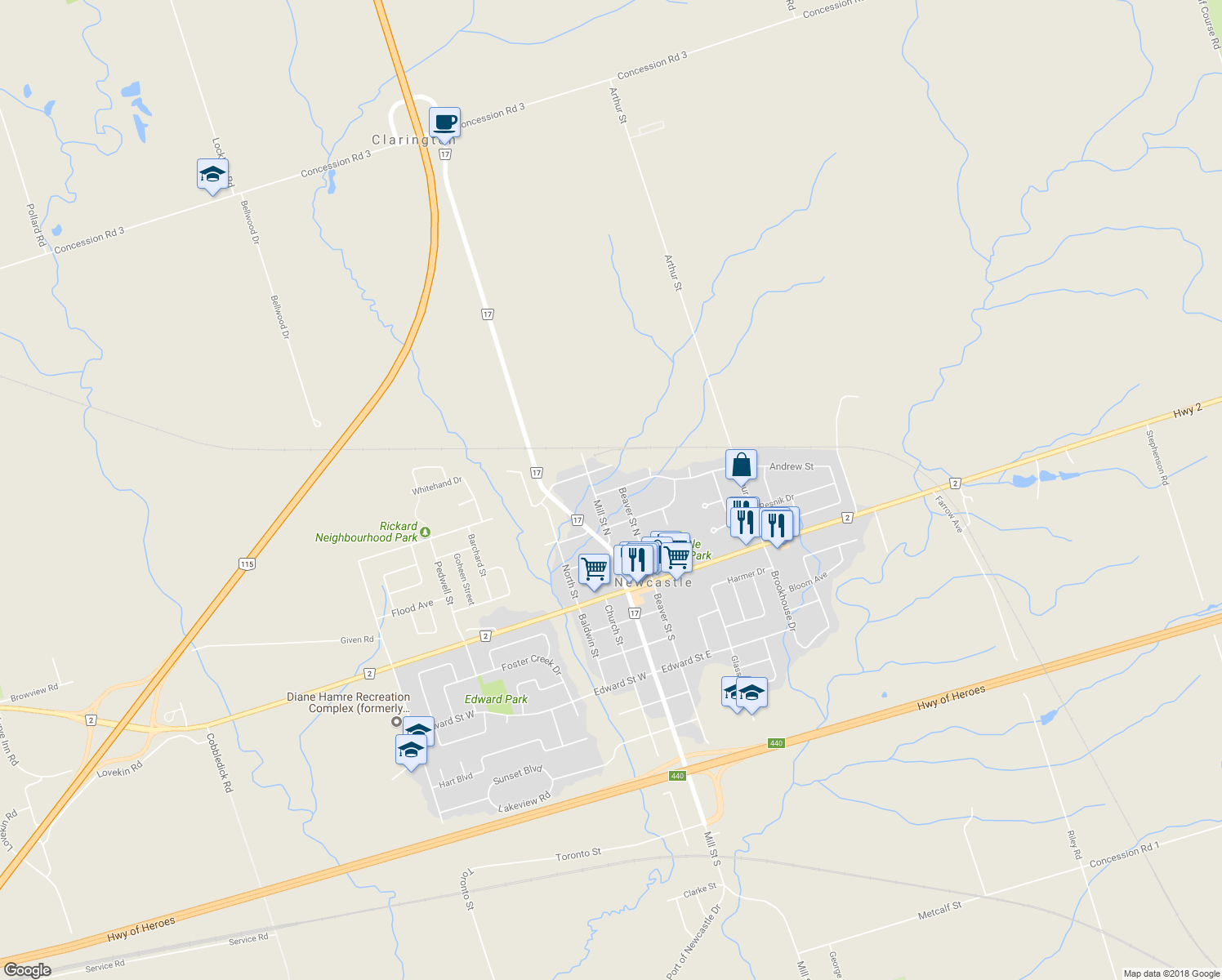 map of restaurants, bars, coffee shops, grocery stores, and more near 32 Andrew Street in Newcastle