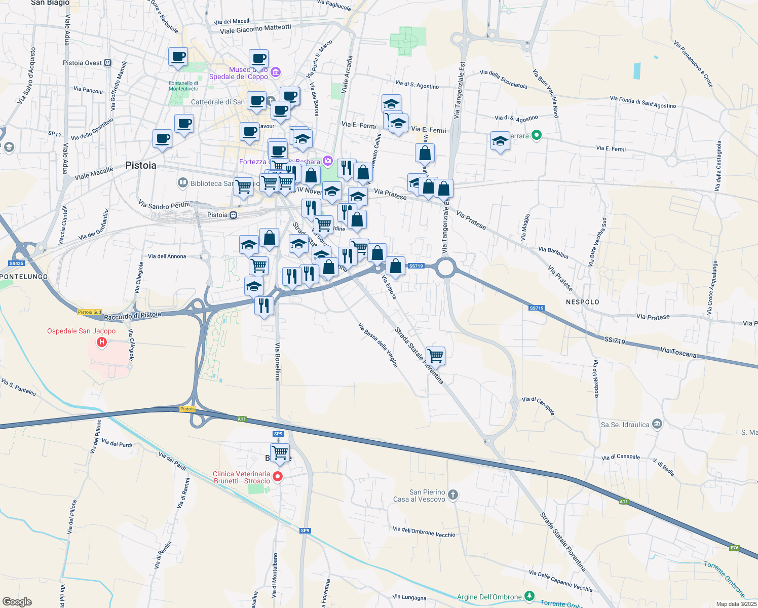 map of restaurants, bars, coffee shops, grocery stores, and more near 115 Strada Statale Fiorentina in Pistoia