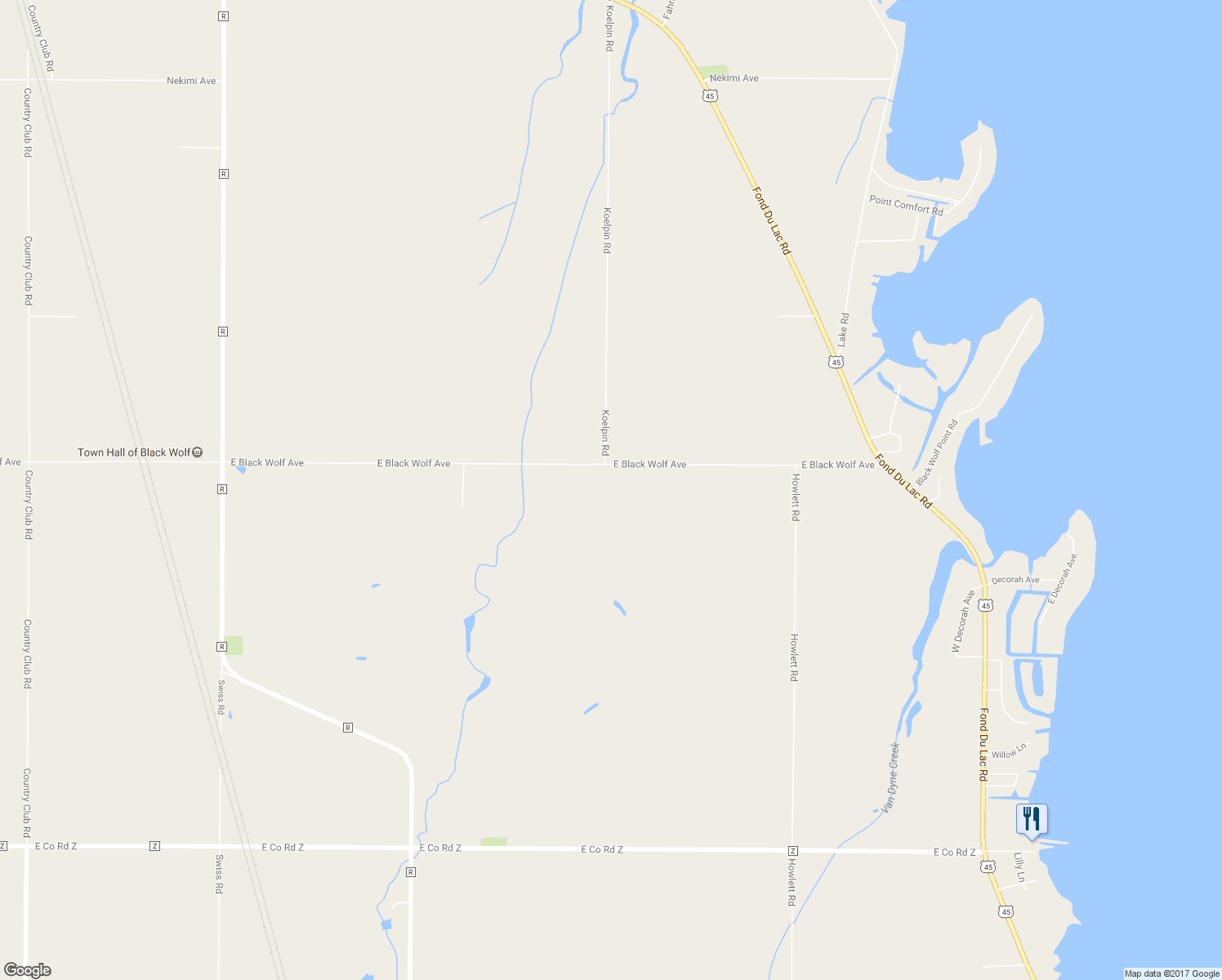 map of restaurants, bars, coffee shops, grocery stores, and more near 1209 East Black Wolf Avenue in Oshkosh