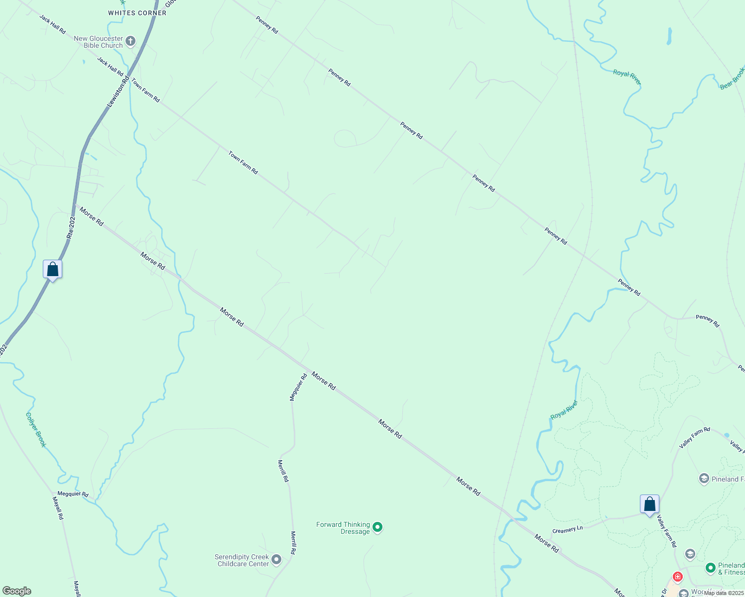 map of restaurants, bars, coffee shops, grocery stores, and more near 293 Town Farm Rd in New Gloucester