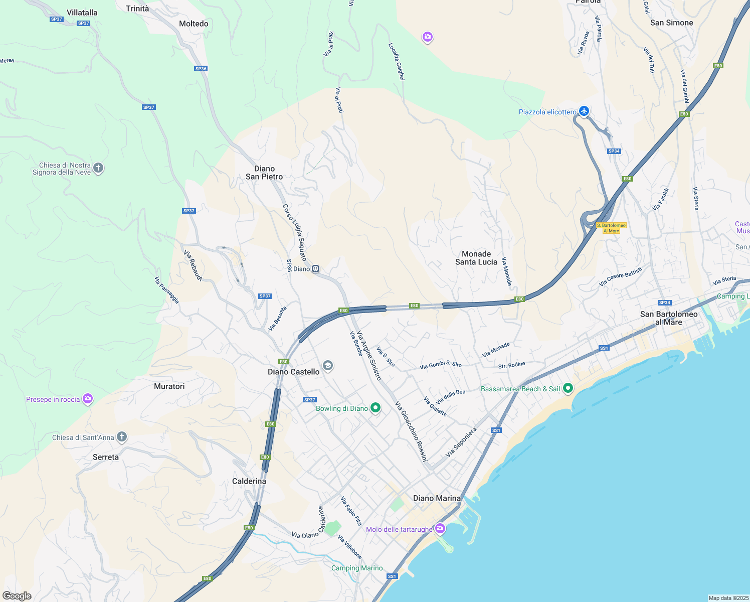 map of restaurants, bars, coffee shops, grocery stores, and more near Regione Chioso in Imperia