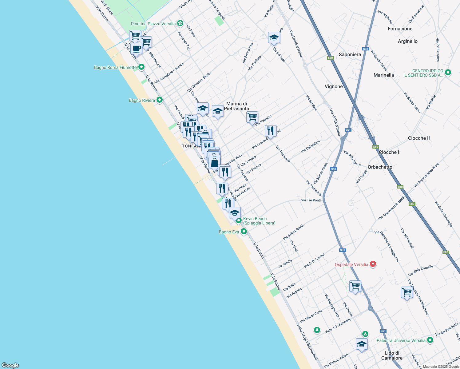 map of restaurants, bars, coffee shops, grocery stores, and more near 8 Via Siena in Pietrasanta