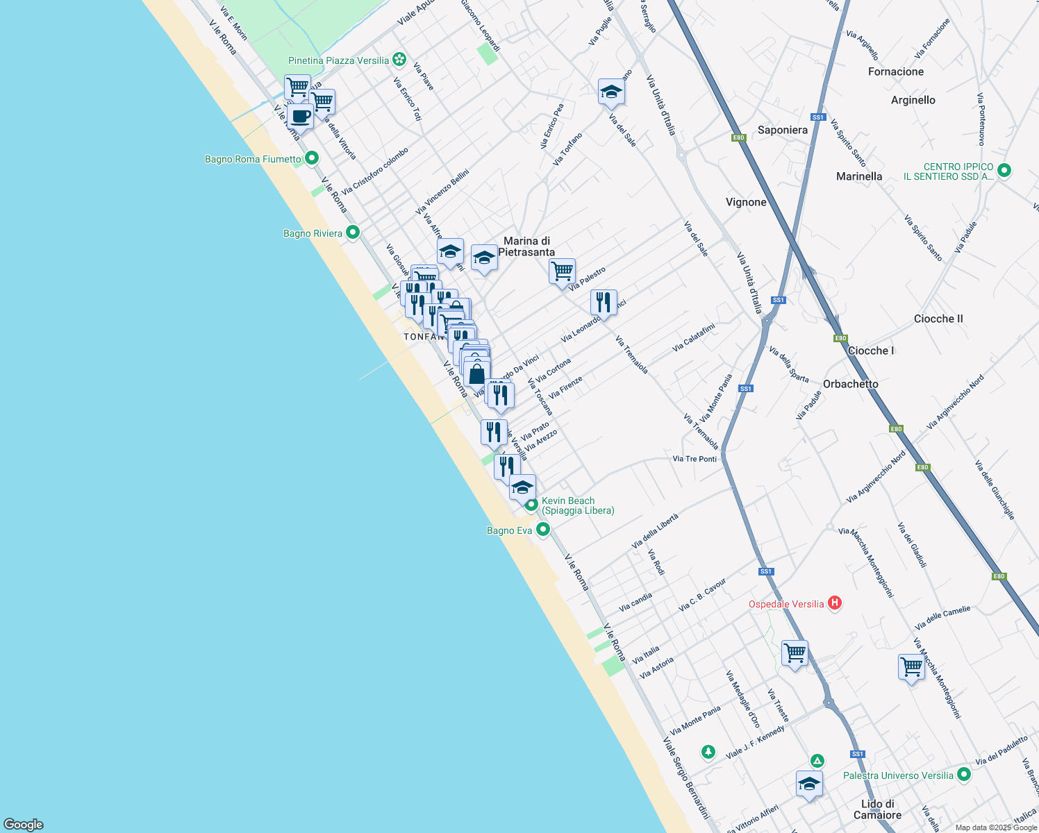 map of restaurants, bars, coffee shops, grocery stores, and more near 8 Via Siena in Pietrasanta