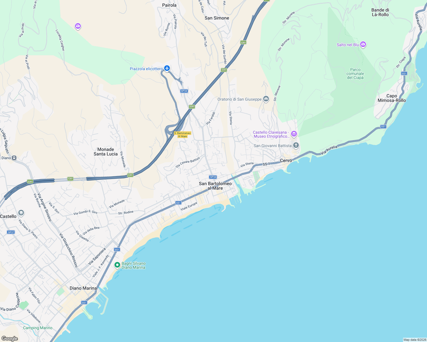 map of restaurants, bars, coffee shops, grocery stores, and more near 157 Via Roma in San Bartolomeo al Mare