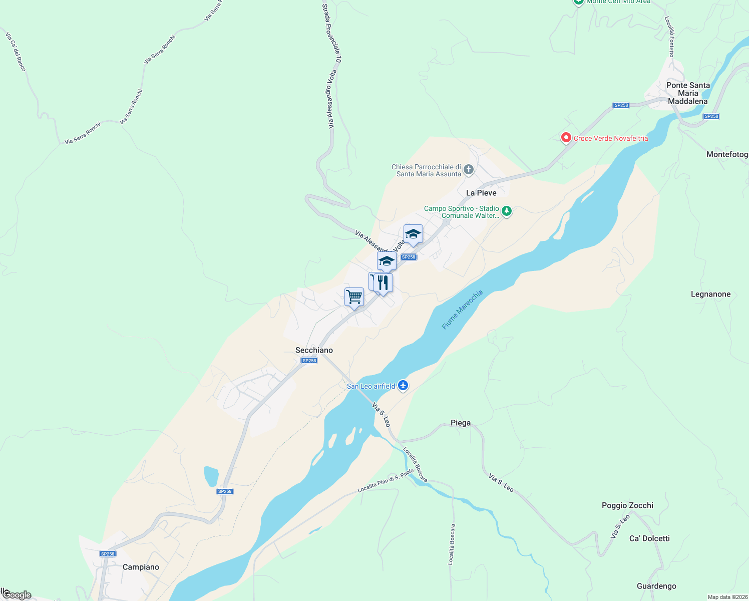 map of restaurants, bars, coffee shops, grocery stores, and more near 41 Via Montefeltro in Secchiano