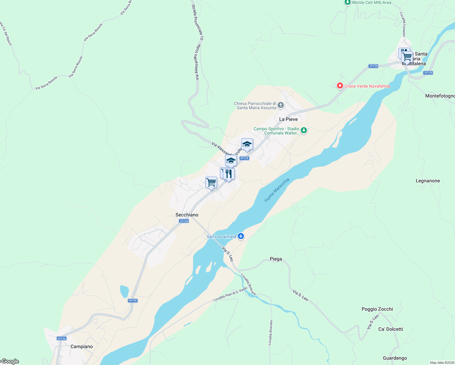map of restaurants, bars, coffee shops, grocery stores, and more near Strada Statale Marecchia in Secchiano