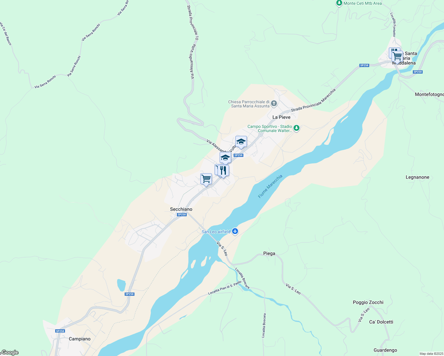 map of restaurants, bars, coffee shops, grocery stores, and more near Strada Statale Marecchia in Secchiano