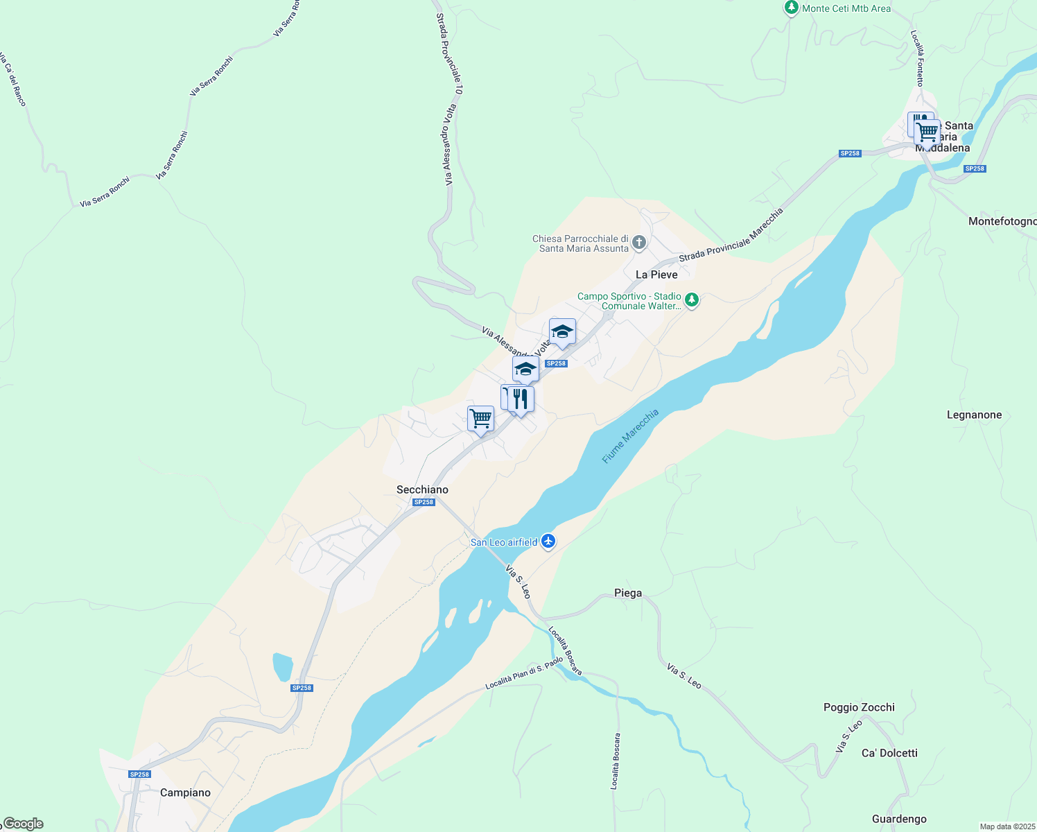 map of restaurants, bars, coffee shops, grocery stores, and more near Strada Statale Marecchia in Secchiano