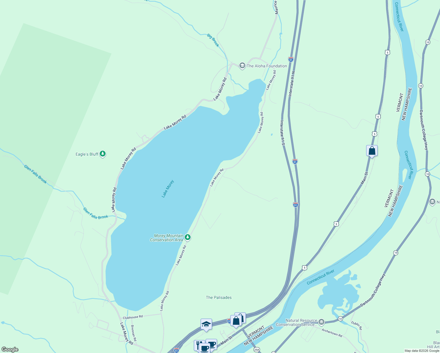 map of restaurants, bars, coffee shops, grocery stores, and more near 52 Pvt Drive 21 in Fairlee