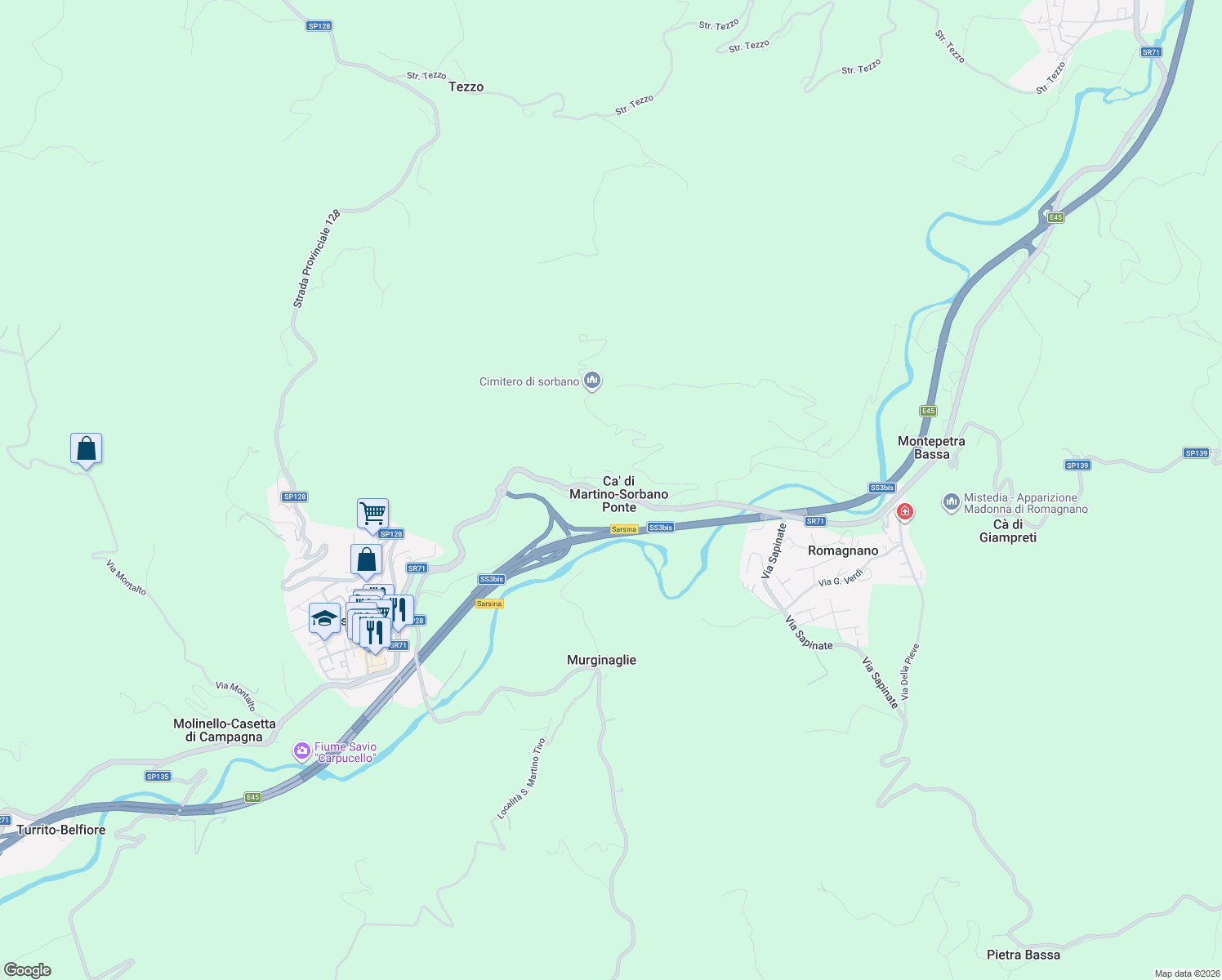map of restaurants, bars, coffee shops, grocery stores, and more near 35 Via Sorbano in Ca' di Martino-Sorbano Ponte