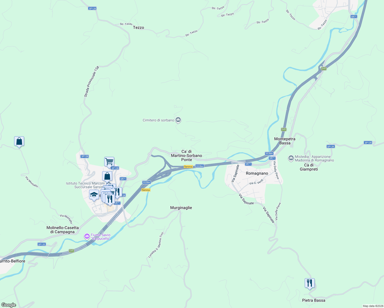 map of restaurants, bars, coffee shops, grocery stores, and more near 31 Via Sorbano in Ca' di Martino-Sorbano Ponte