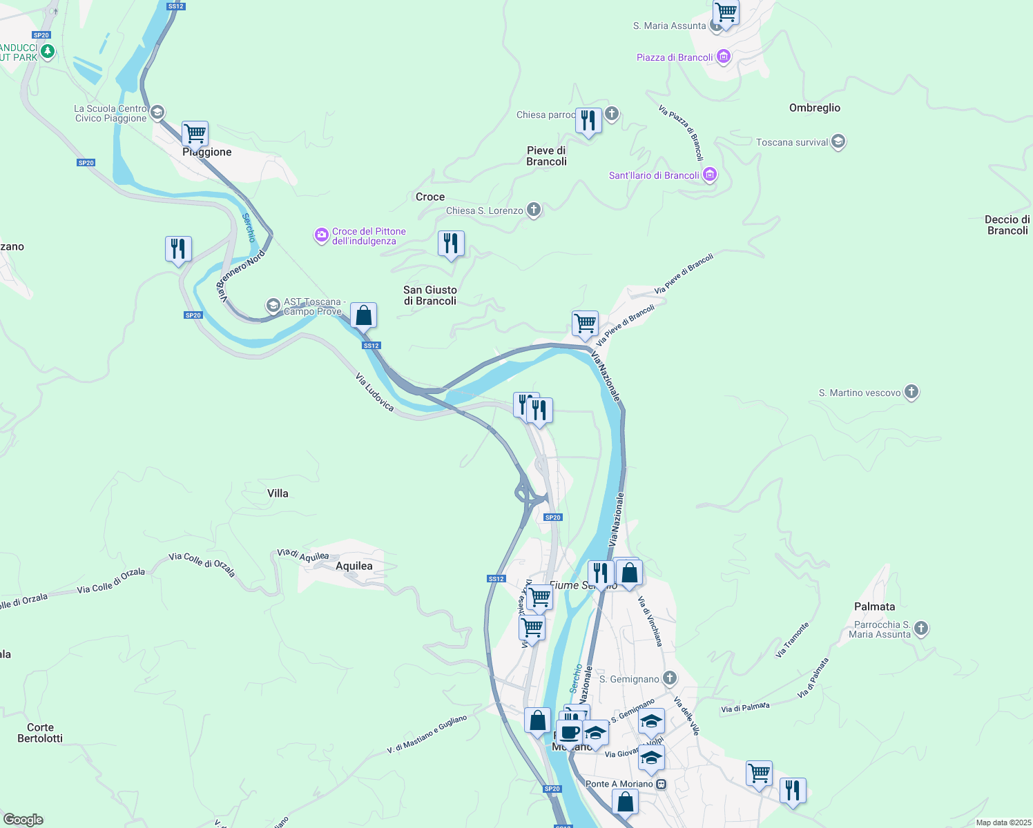 map of restaurants, bars, coffee shops, grocery stores, and more near Strada Provinciale 20 Lodovica in Lucca
