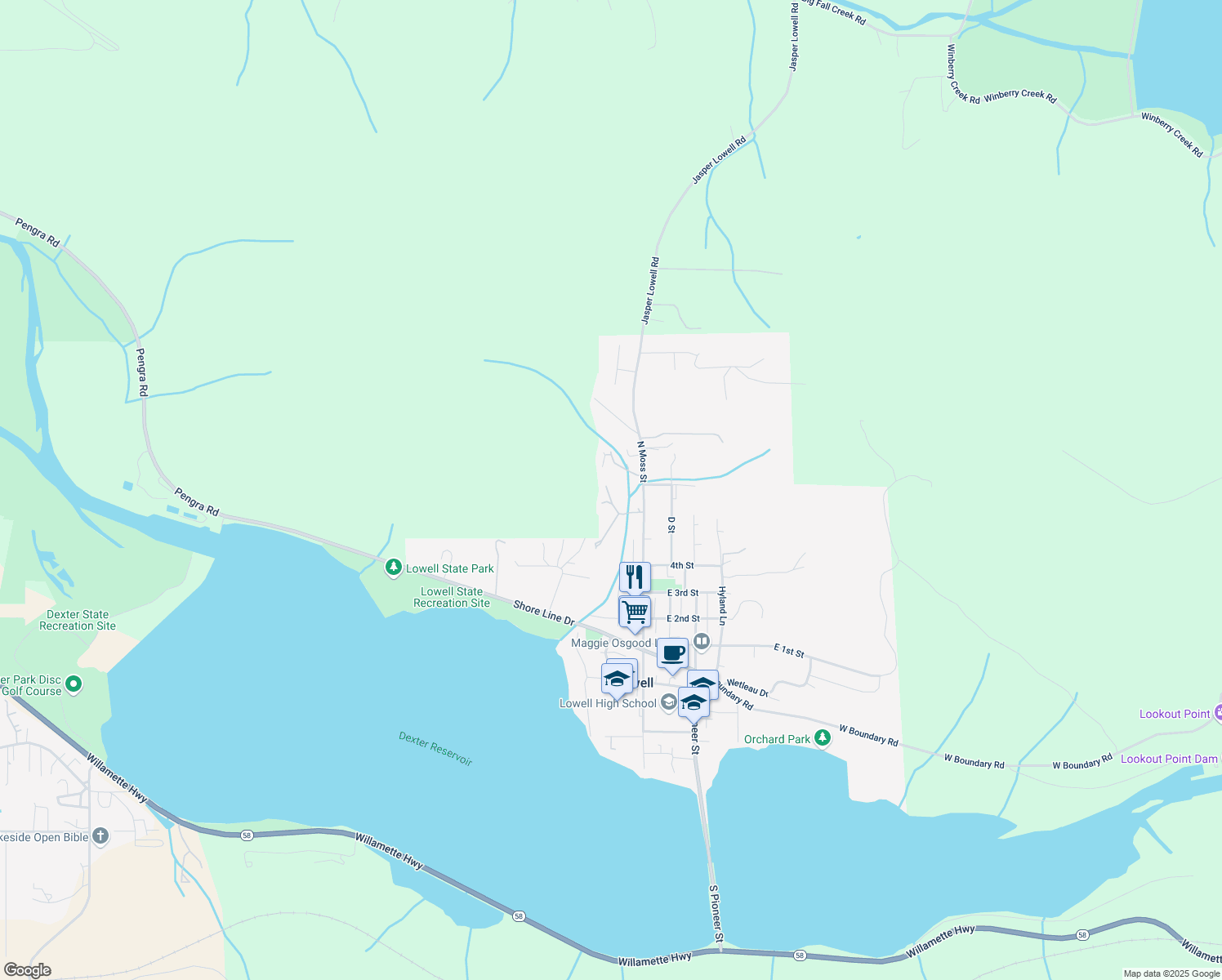 map of restaurants, bars, coffee shops, grocery stores, and more near 577 North Moss Street in Lowell