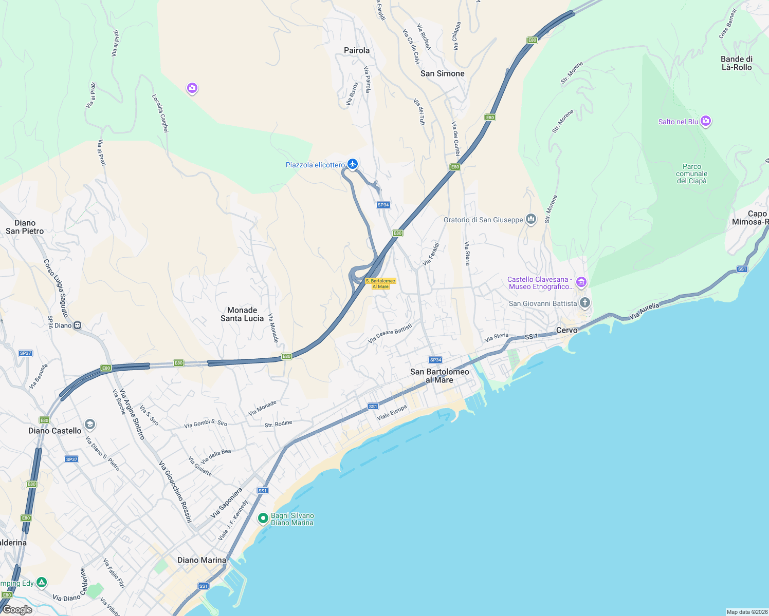 map of restaurants, bars, coffee shops, grocery stores, and more near 15 Piazza Sant'Anna in San Bartolomeo al Mare