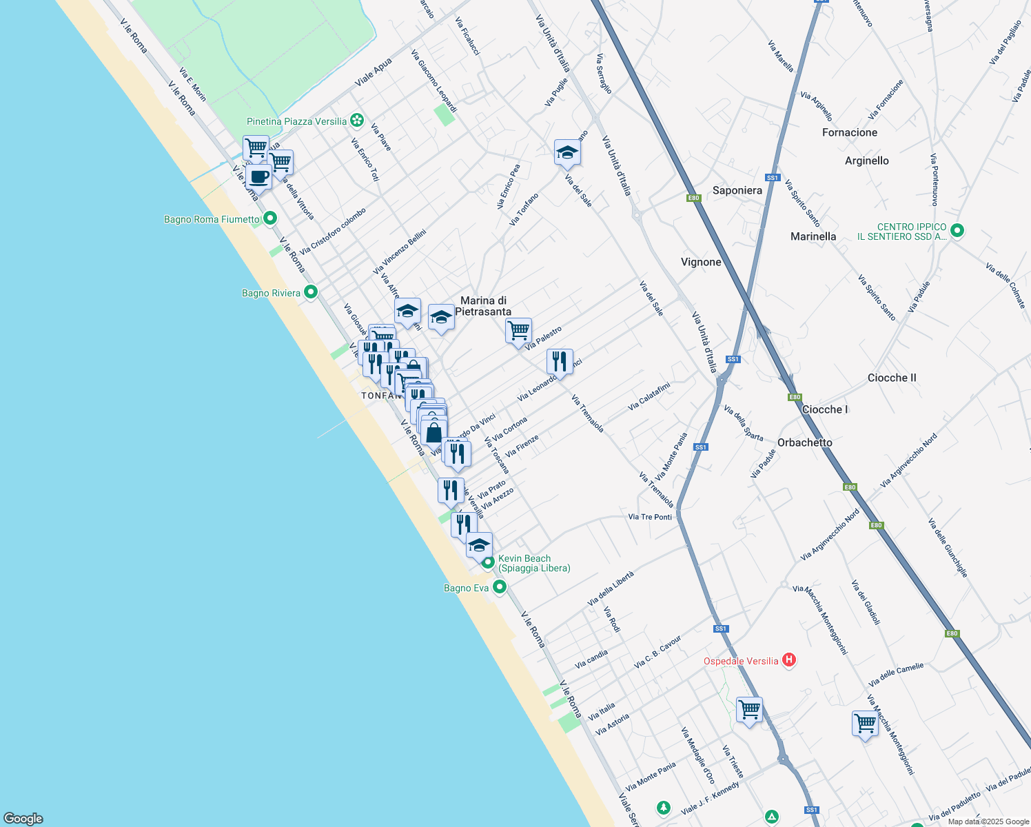 map of restaurants, bars, coffee shops, grocery stores, and more near 12A Via Giotto in Marina di Pietrasanta