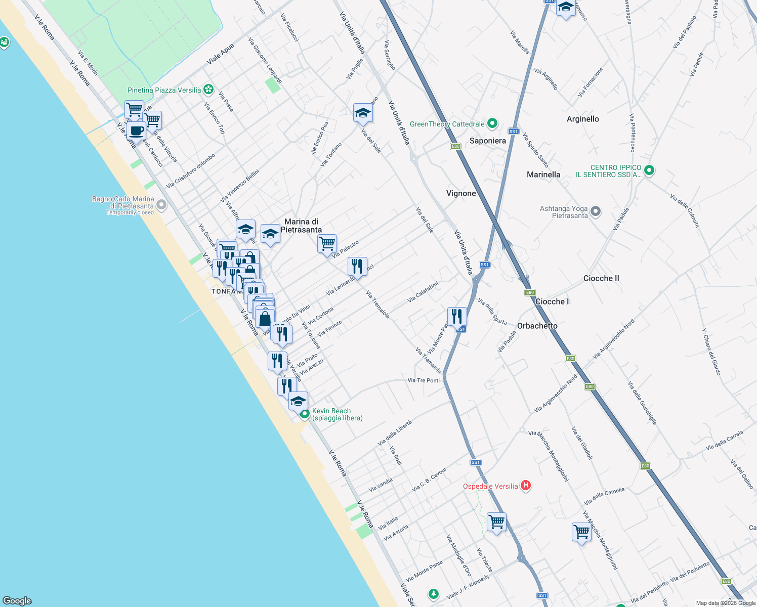 map of restaurants, bars, coffee shops, grocery stores, and more near 11 Via Quarto in Marina di Pietrasanta