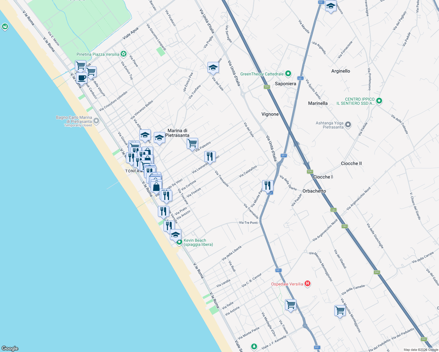 map of restaurants, bars, coffee shops, grocery stores, and more near 11 Via Quarto in Marina di Pietrasanta