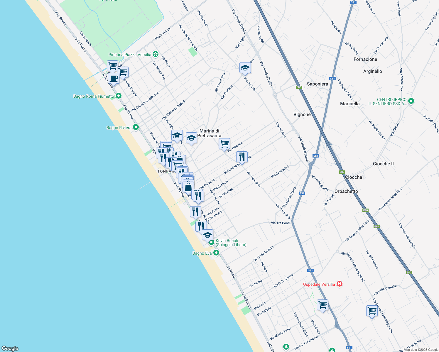 map of restaurants, bars, coffee shops, grocery stores, and more near 12A Via Giotto in Pietrasanta