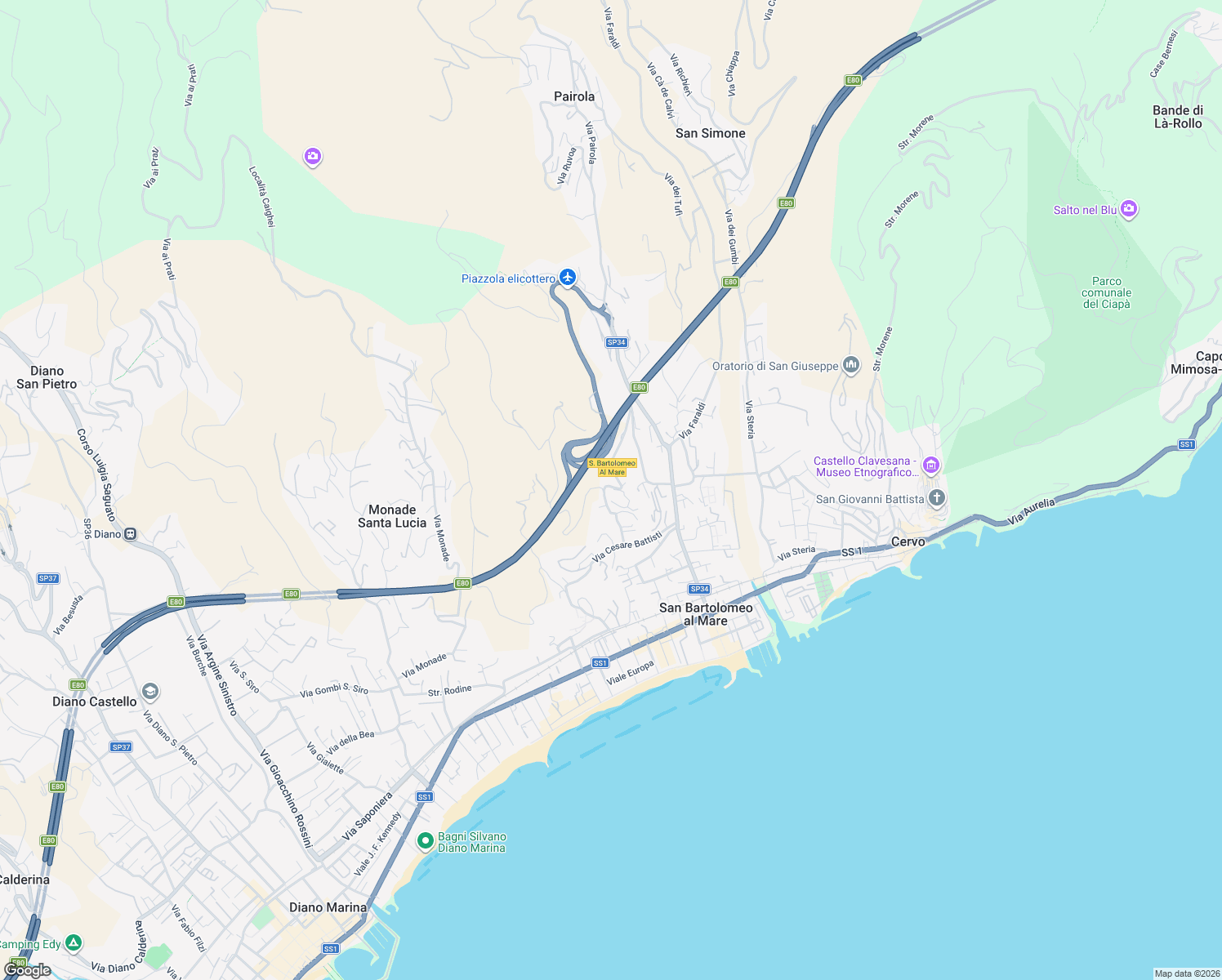 map of restaurants, bars, coffee shops, grocery stores, and more near 15 Piazza Sant'Anna in San Bartolomeo al Mare