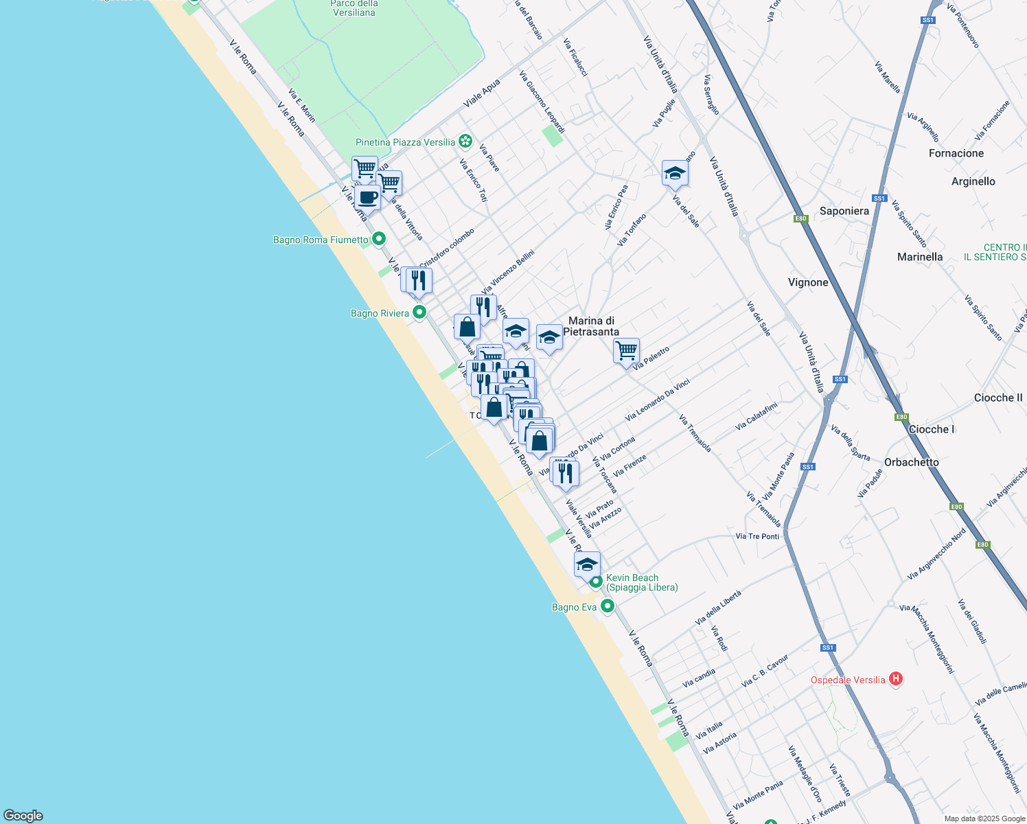 map of restaurants, bars, coffee shops, grocery stores, and more near 27 Via Giosuè Carducci in Pietrasanta