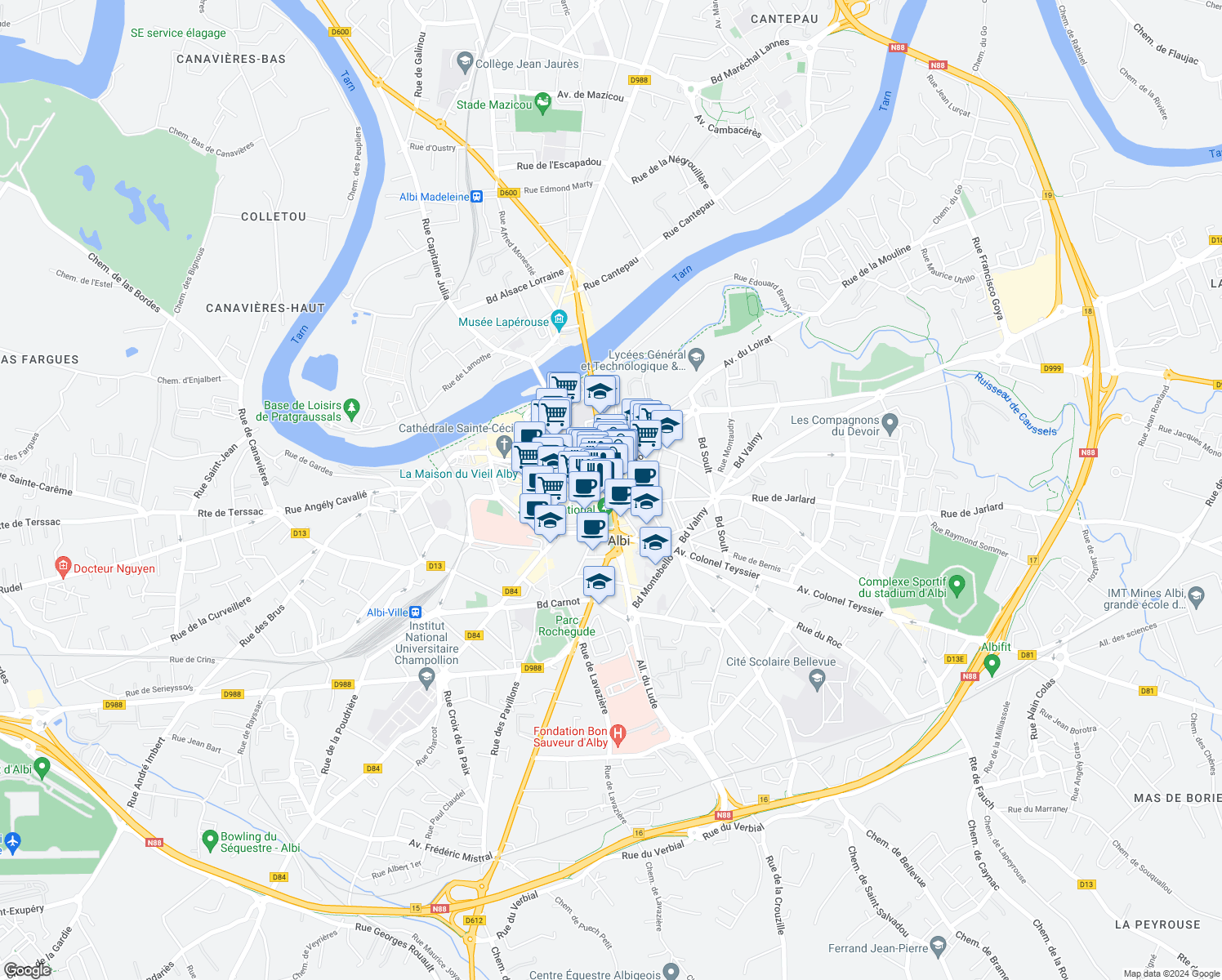 map of restaurants, bars, coffee shops, grocery stores, and more near Place du Vigan in Albi