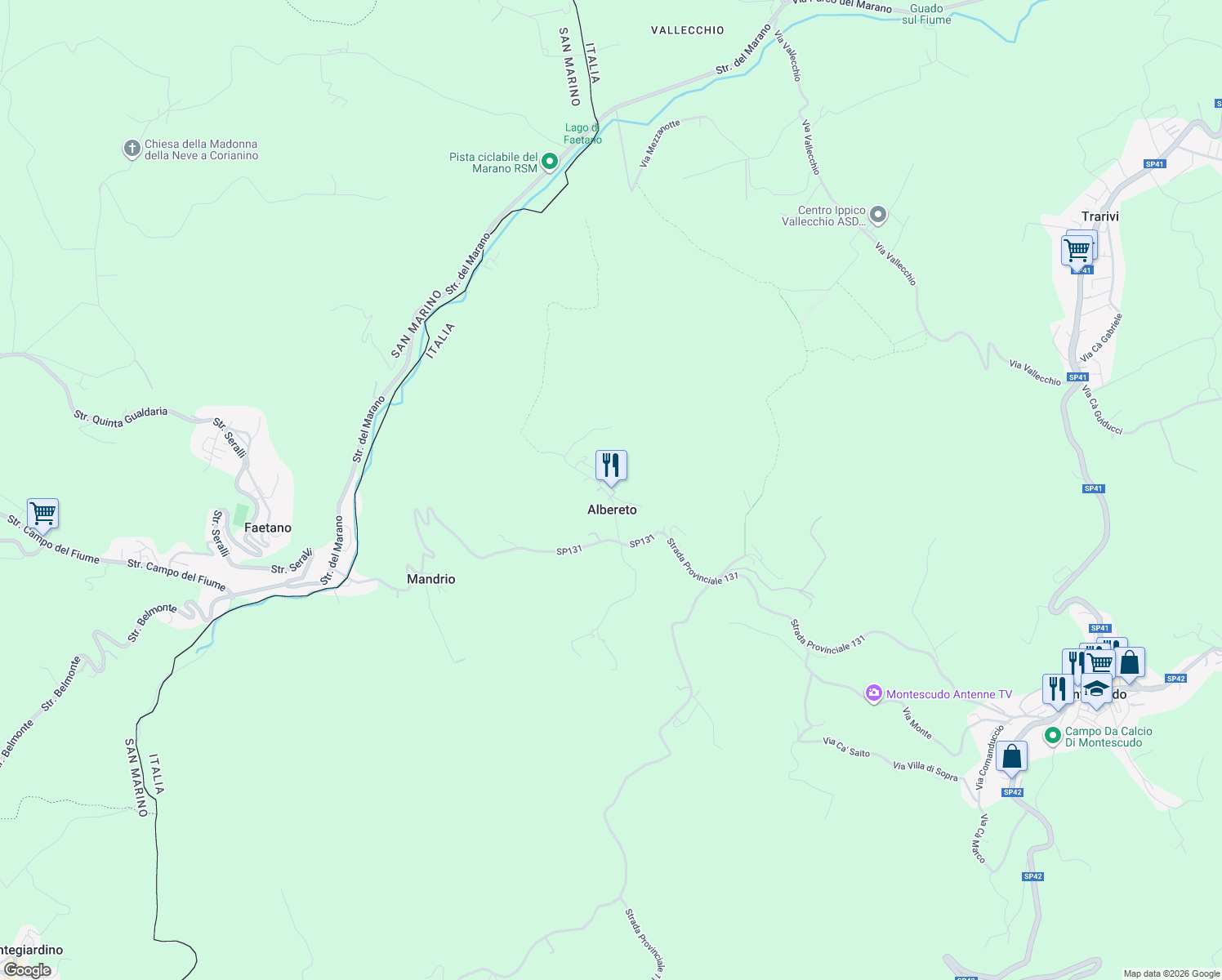 map of restaurants, bars, coffee shops, grocery stores, and more near 2A Via Castello in Albereto
