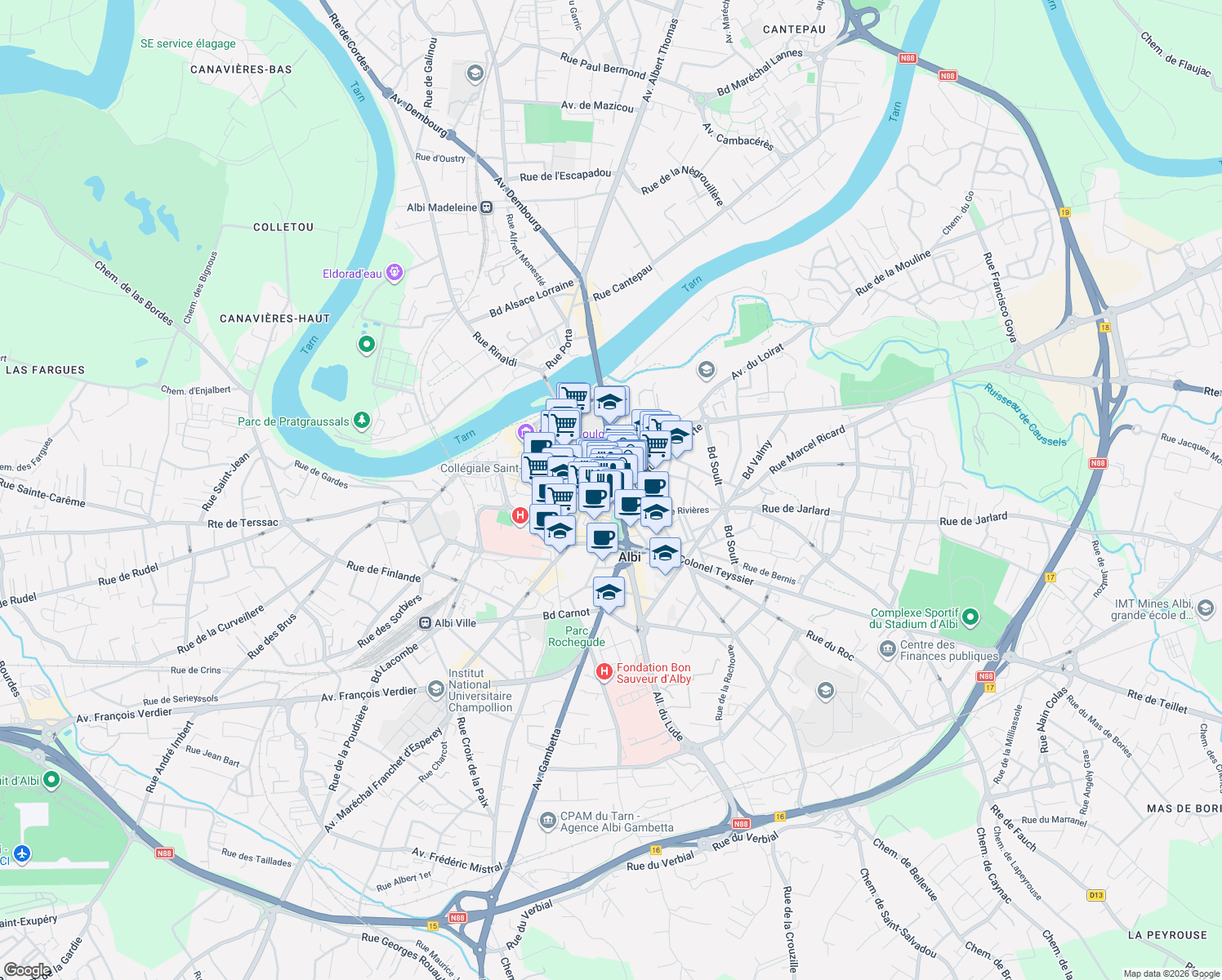 map of restaurants, bars, coffee shops, grocery stores, and more near Place du Vigan in Albi