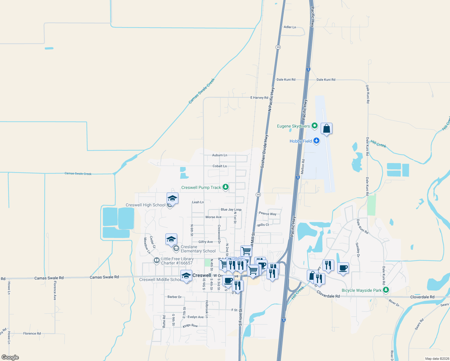 map of restaurants, bars, coffee shops, grocery stores, and more near 220 Honkers Street in Creswell