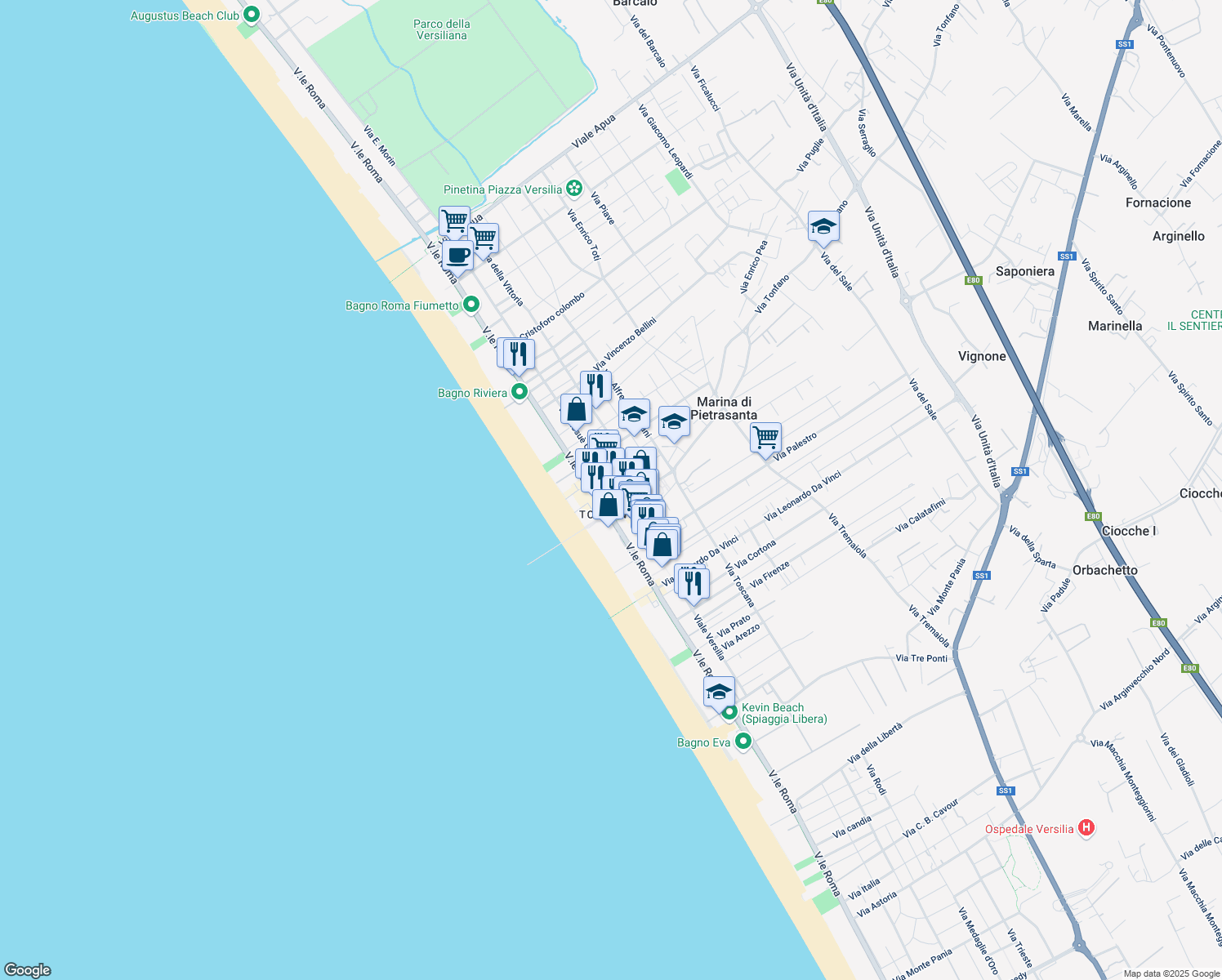 map of restaurants, bars, coffee shops, grocery stores, and more near 27 Via Giosuè Carducci in Pietrasanta