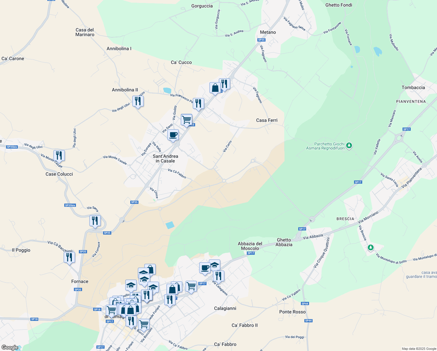 map of restaurants, bars, coffee shops, grocery stores, and more near 2 Via Maggio in Provincia di Rimini