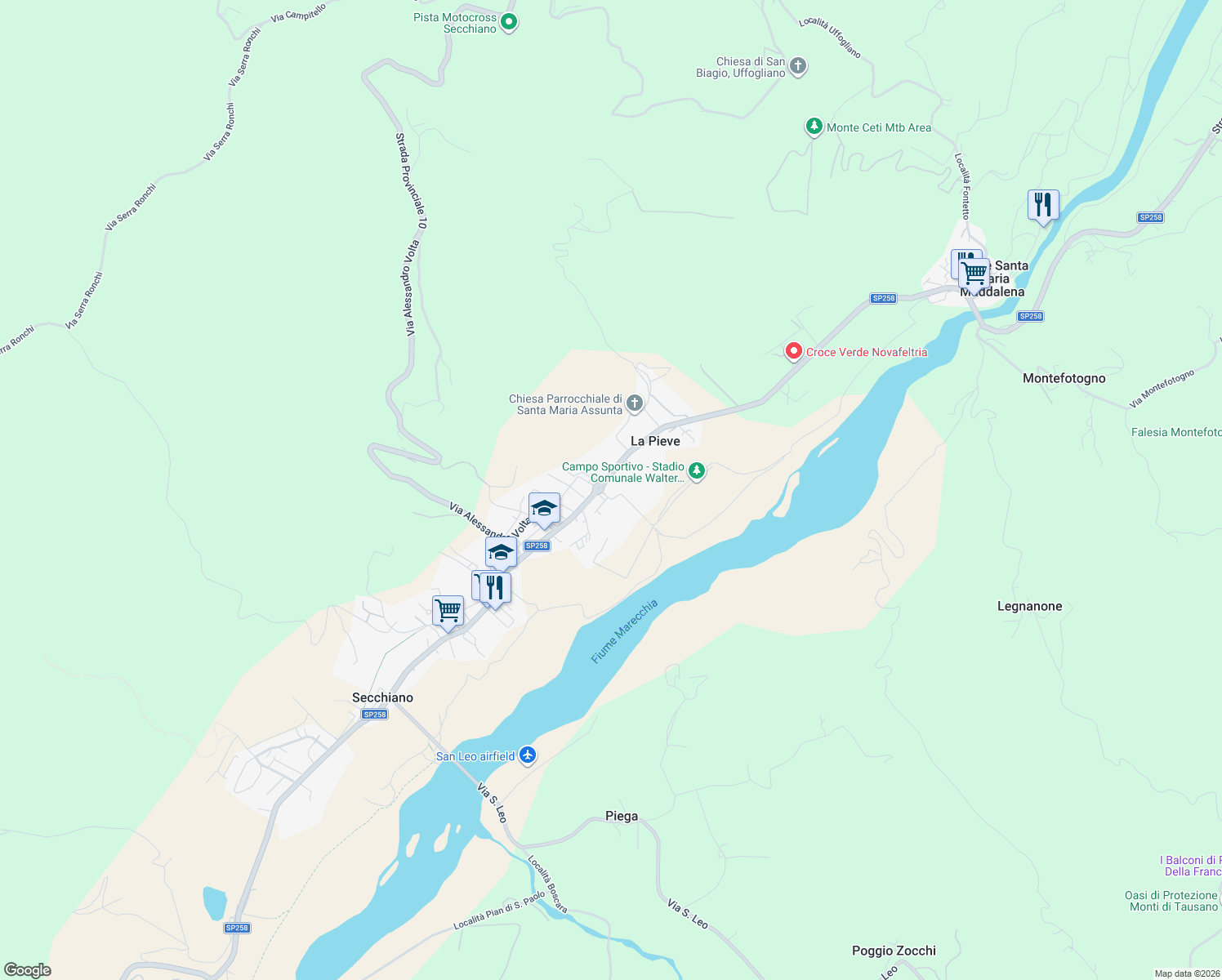 map of restaurants, bars, coffee shops, grocery stores, and more near 57 Via Romagna in La Pieve
