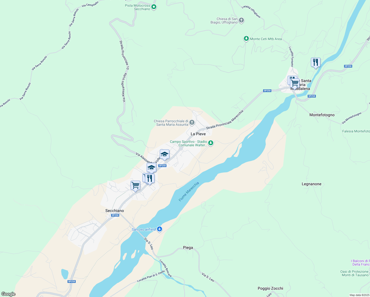 map of restaurants, bars, coffee shops, grocery stores, and more near 57 Via Romagna in La Pieve