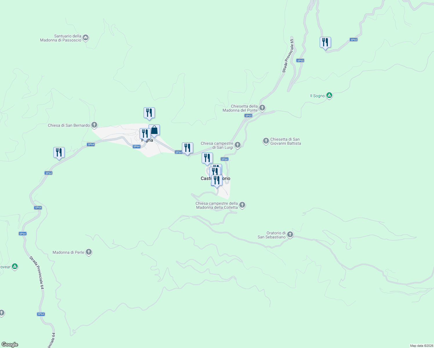 map of restaurants, bars, coffee shops, grocery stores, and more near 16 Via Piecastello in Castel Vittorio
