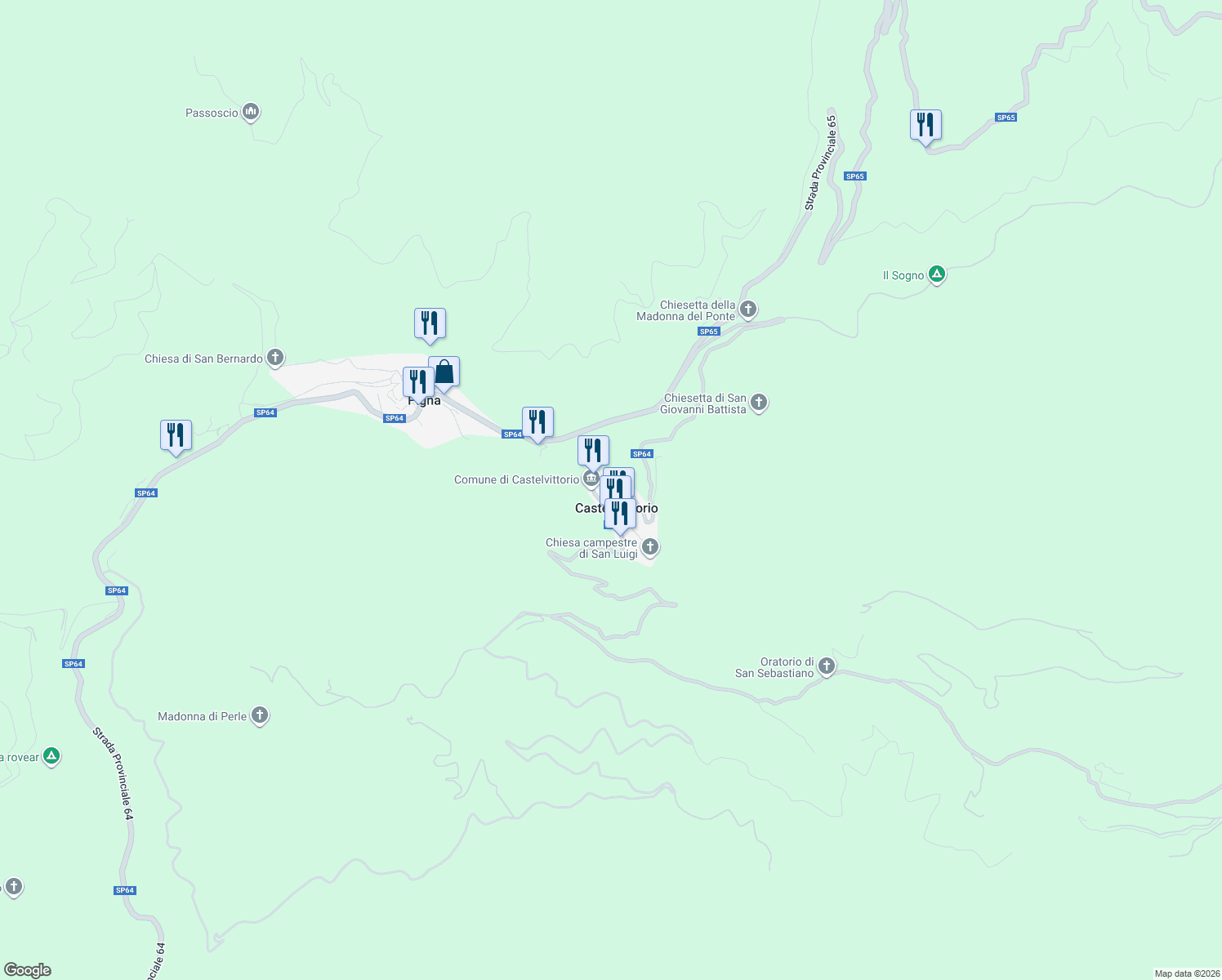 map of restaurants, bars, coffee shops, grocery stores, and more near 16 Via Piecastello in Castel Vittorio