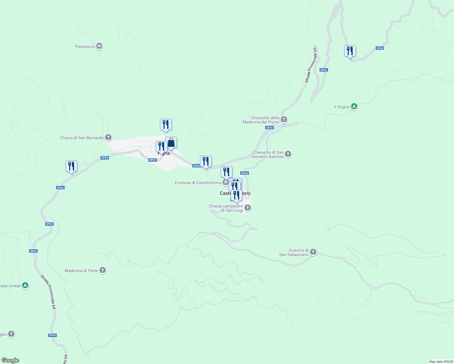 map of restaurants, bars, coffee shops, grocery stores, and more near 16 Via Piè Castello in Castel Vittorio