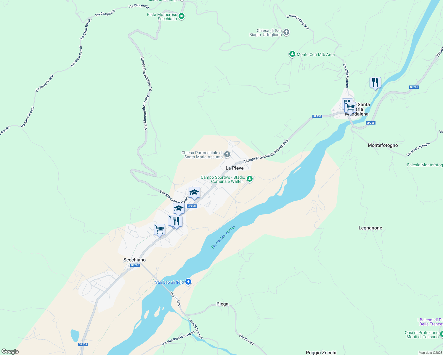 map of restaurants, bars, coffee shops, grocery stores, and more near 57 Via Romagna in La Pieve