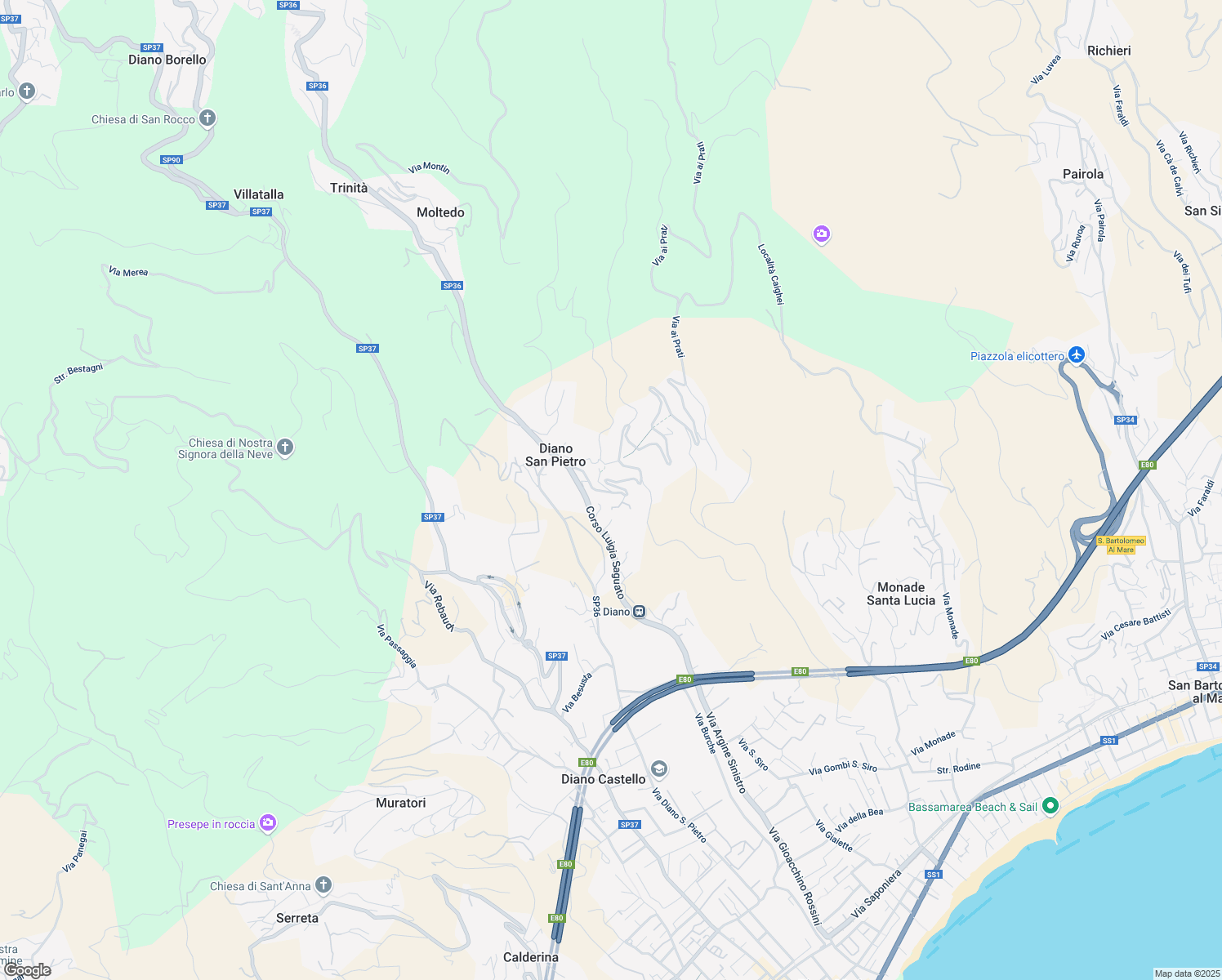 map of restaurants, bars, coffee shops, grocery stores, and more near 19 Via Gionetti in Diano San Pietro