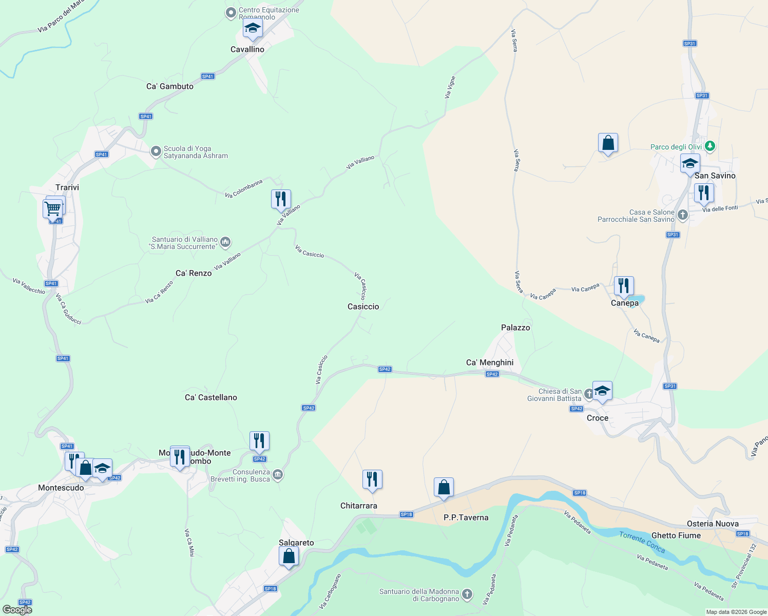 map of restaurants, bars, coffee shops, grocery stores, and more near 165 Via Ca' Marchino in Provincia di Rimini