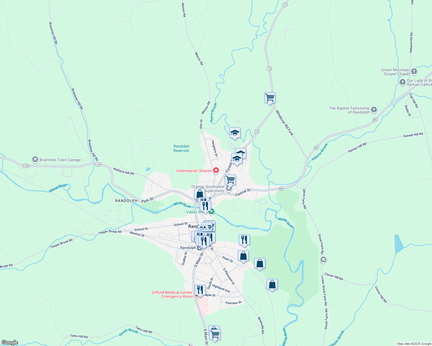 map of restaurants, bars, coffee shops, grocery stores, and more near 11 Elm St in Randolph