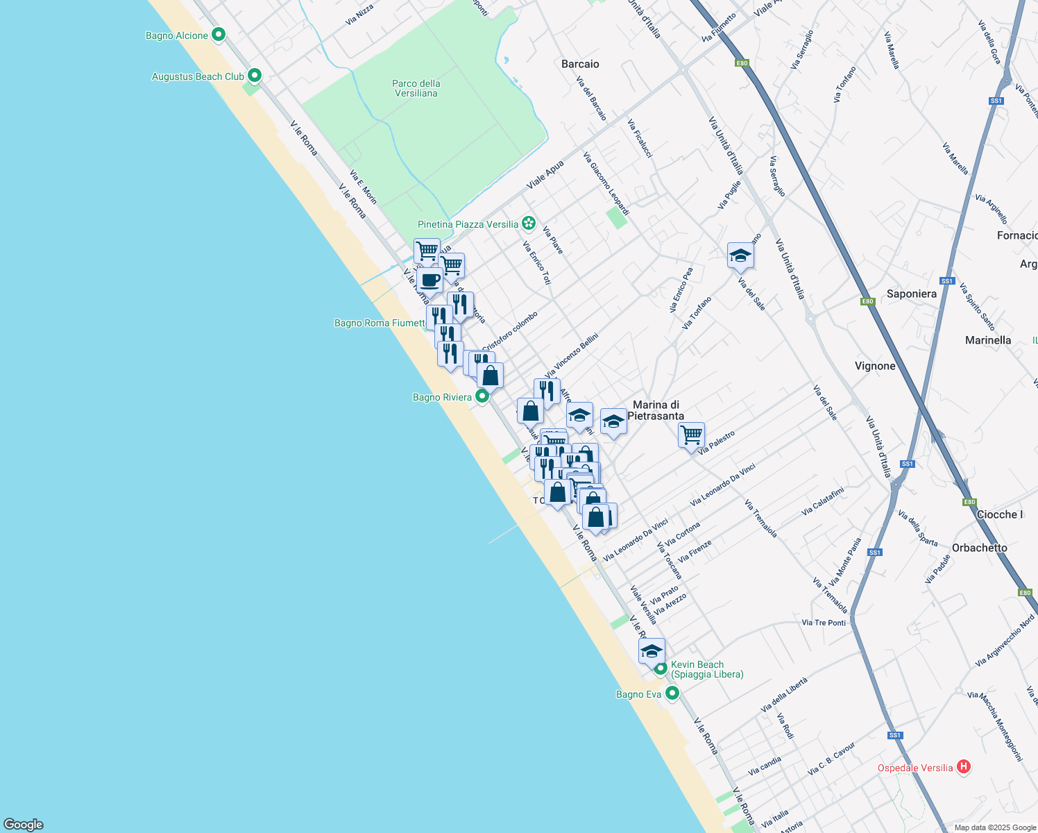 map of restaurants, bars, coffee shops, grocery stores, and more near 199 Via Giosuè Carducci in Marina di Pietrasanta