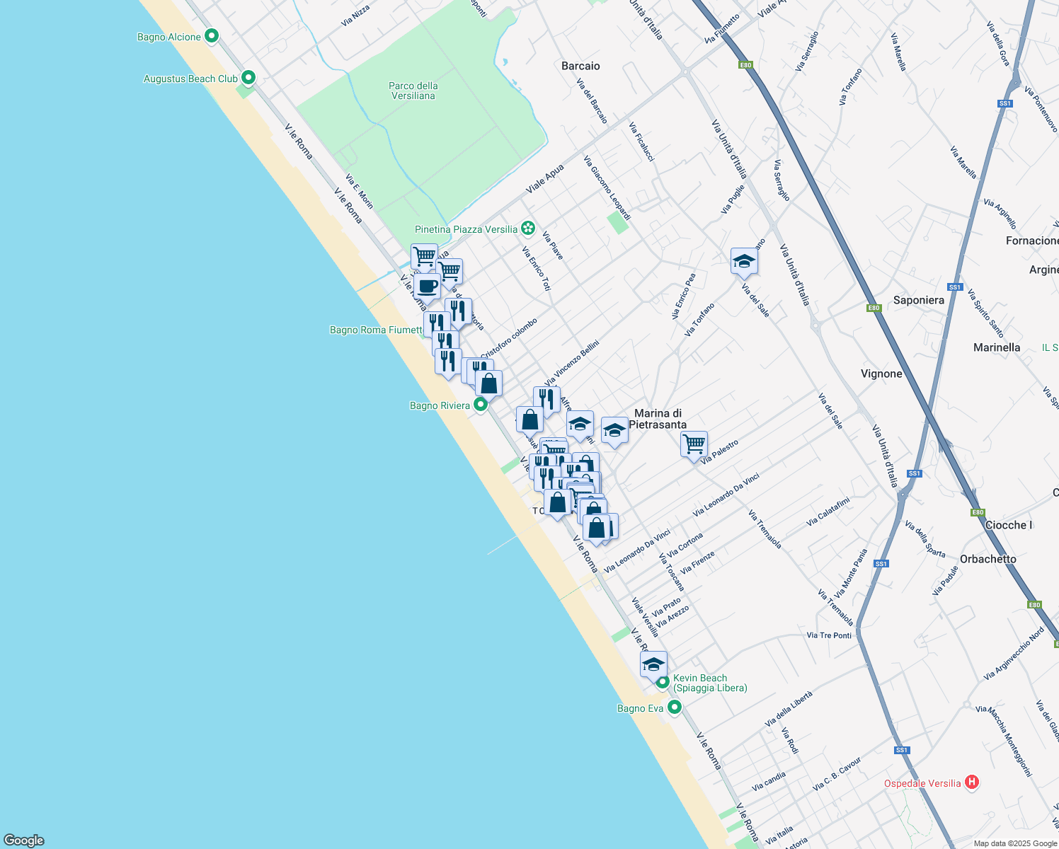 map of restaurants, bars, coffee shops, grocery stores, and more near 199 Via Giosuè Carducci in Pietrasanta